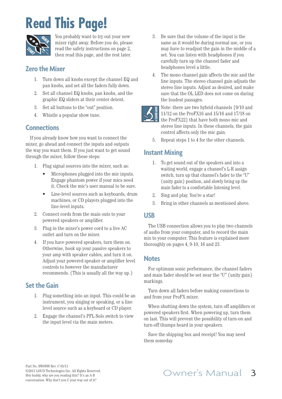 Read this page, Owner's manual 3, Instant mixing | Zero the mixer, Connections, Set the gain | MACKIE PROFESSIONAL MIC/LINE MIXERS WITH FX AND USB I/O PROFX16 User Manual | Page 3 / 36