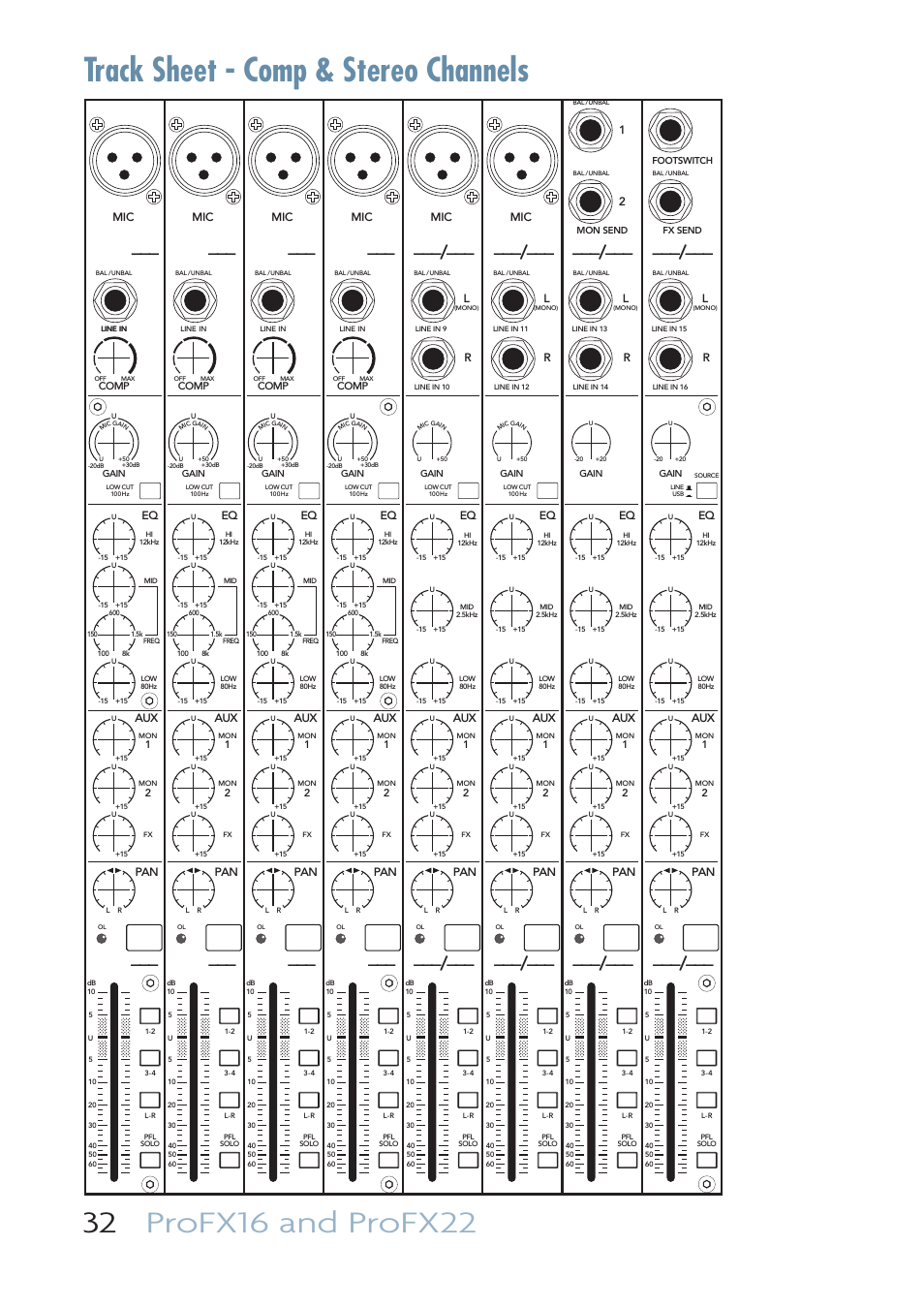 Track sheet - comp & stereo channels | MACKIE PROFESSIONAL MIC/LINE MIXERS WITH FX AND USB I/O PROFX16 User Manual | Page 32 / 36