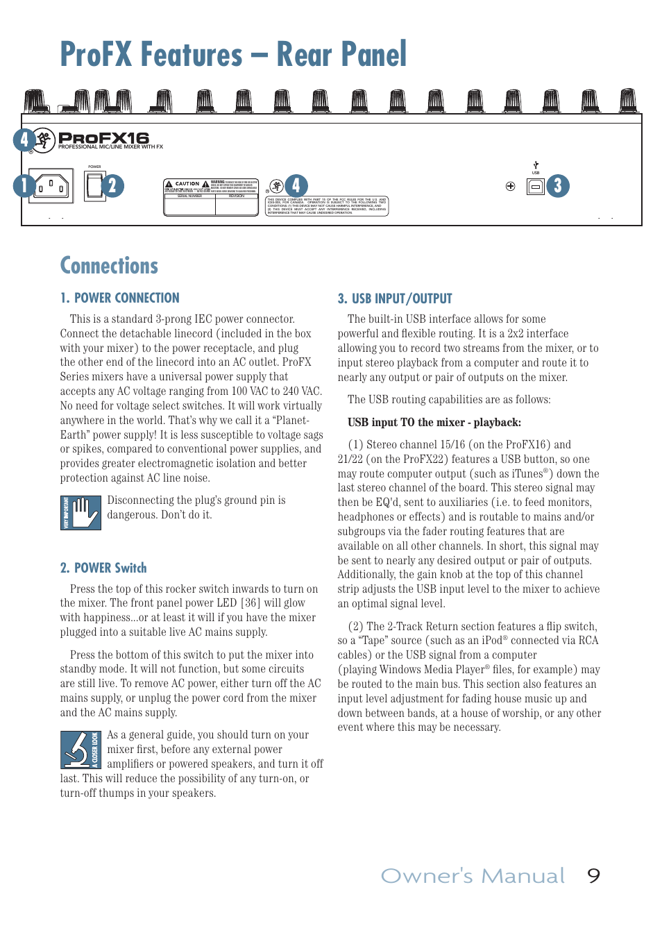Profx features – rear panel, Connections, Owner's manual 9 | MACKIE PROFESSIONAL MIC/LINE MIXERS WITH FX AND USB I/O PROFX16 User Manual | Page 9 / 36
