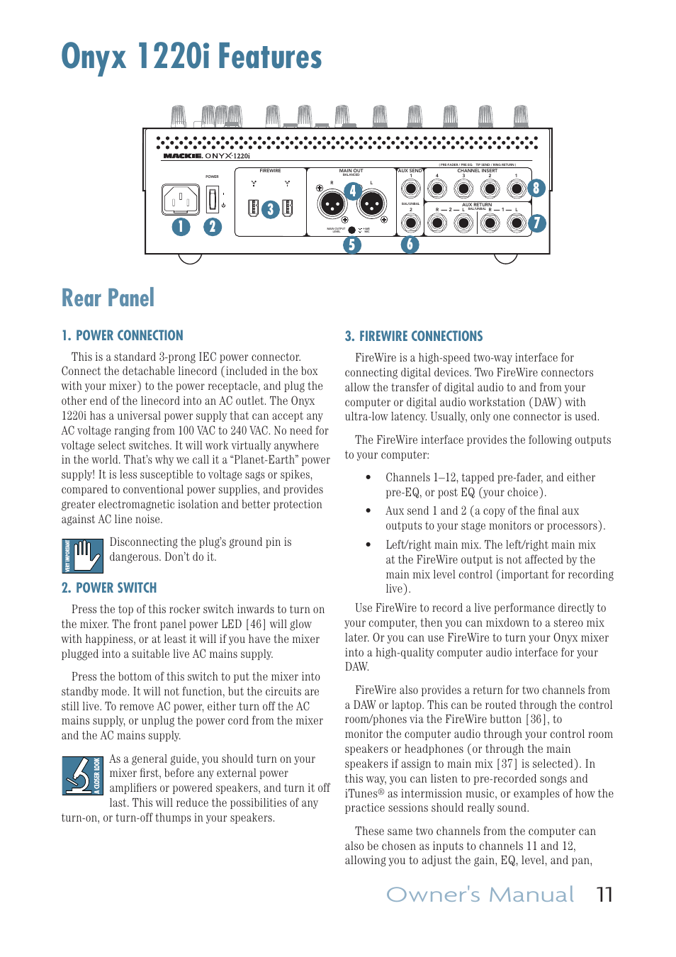 Rear panel, Power connection, Power switch | Firewire connections, Onyx 1220i features, Owner's manual 11 | MACKIE ONYX 1220I User Manual | Page 11 / 41