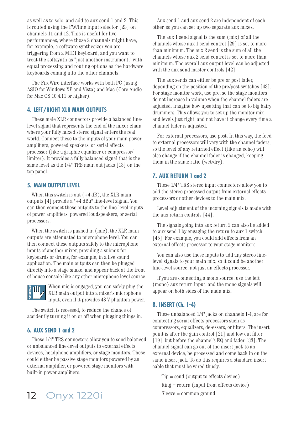 Left/right xlr main outputs, Main output level, Aux send 1 and 2 | Aux return 1 and 2, Insert (ch. 1-4) | MACKIE ONYX 1220I User Manual | Page 12 / 41