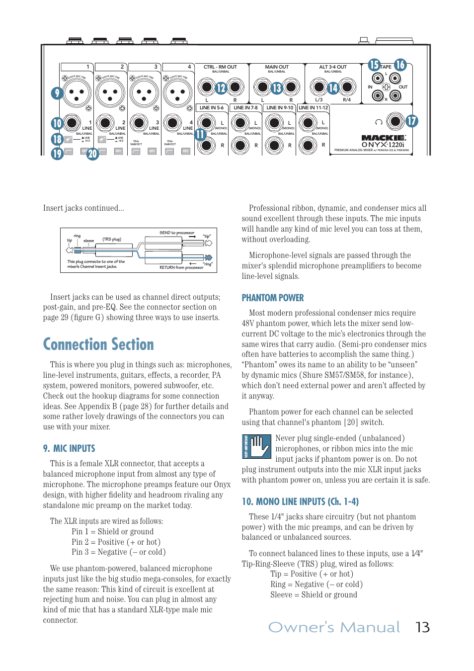 Connection section, Mic inputs, Mono line inputs (ch. 1-4) | Owner's manual 13, Phantom power | MACKIE ONYX 1220I User Manual | Page 13 / 41