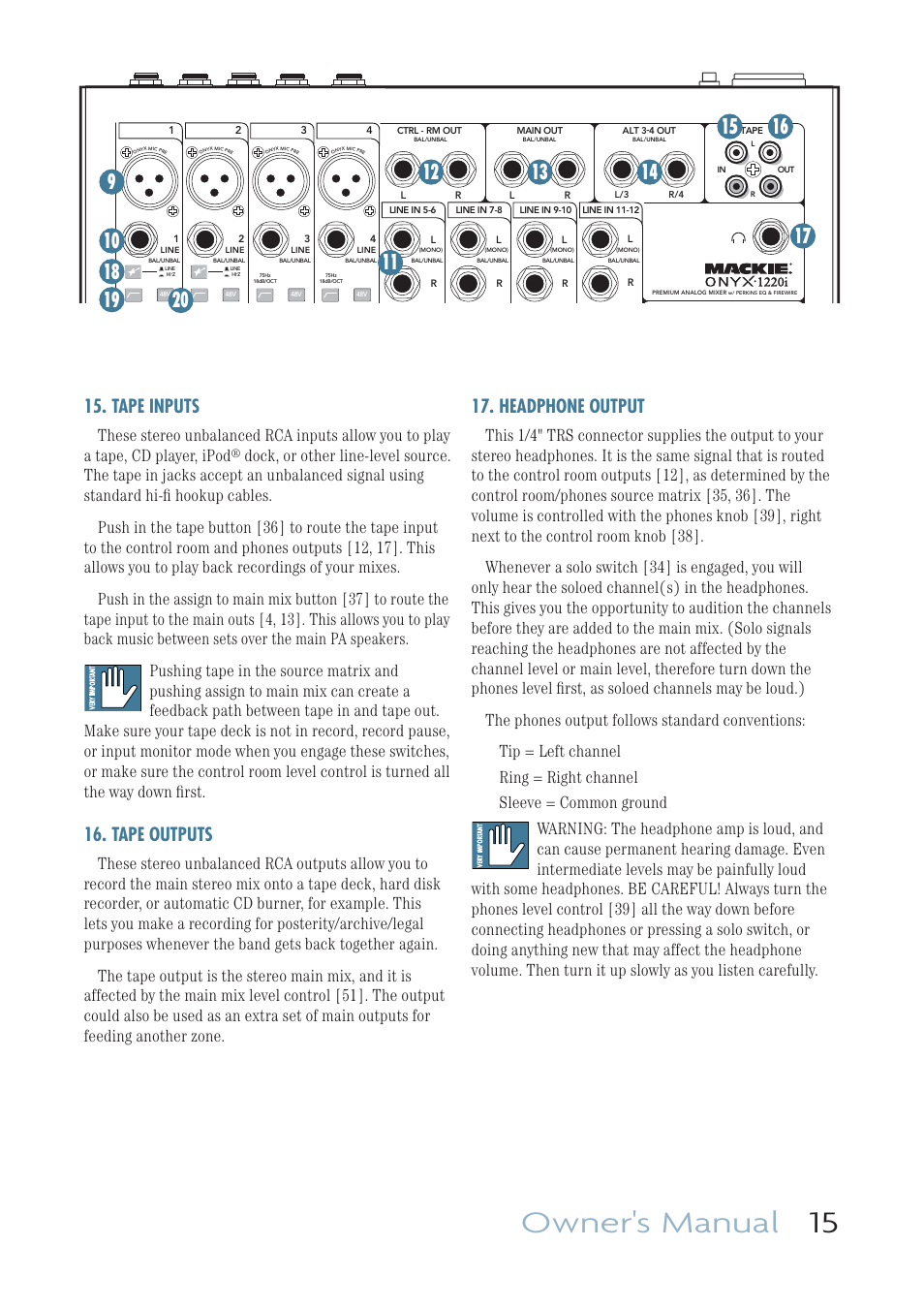 Tape inputs, Tape outputs, Headphone output | Owner's manual 15 | MACKIE ONYX 1220I User Manual | Page 15 / 41