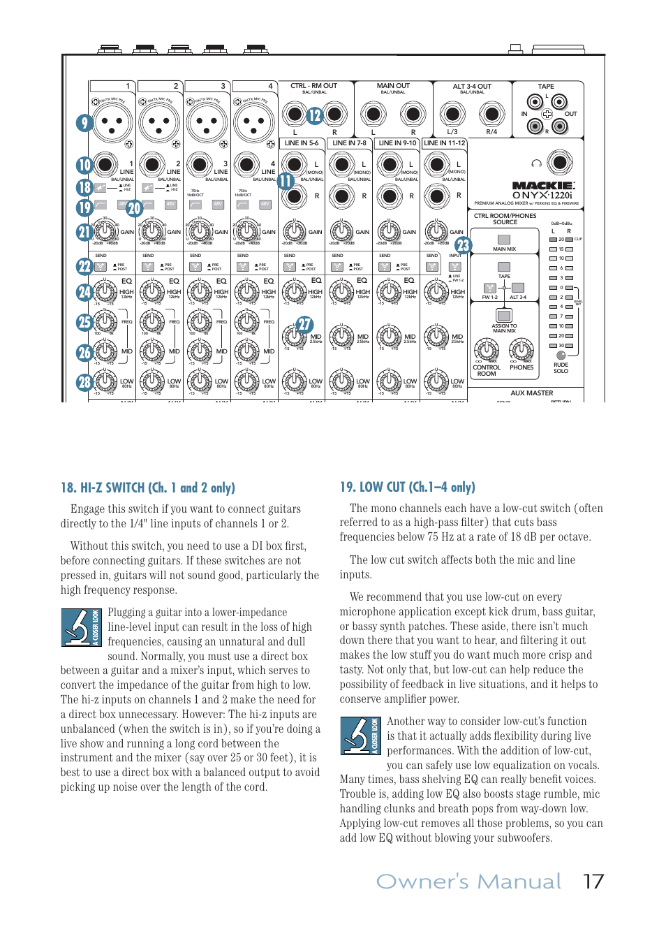 Hi-z switch (ch. 1 and 2 only), Low cut (ch. 1-4 only), Owner's manual 17 | Low cut (ch.1–4 only) | MACKIE ONYX 1220I User Manual | Page 17 / 41