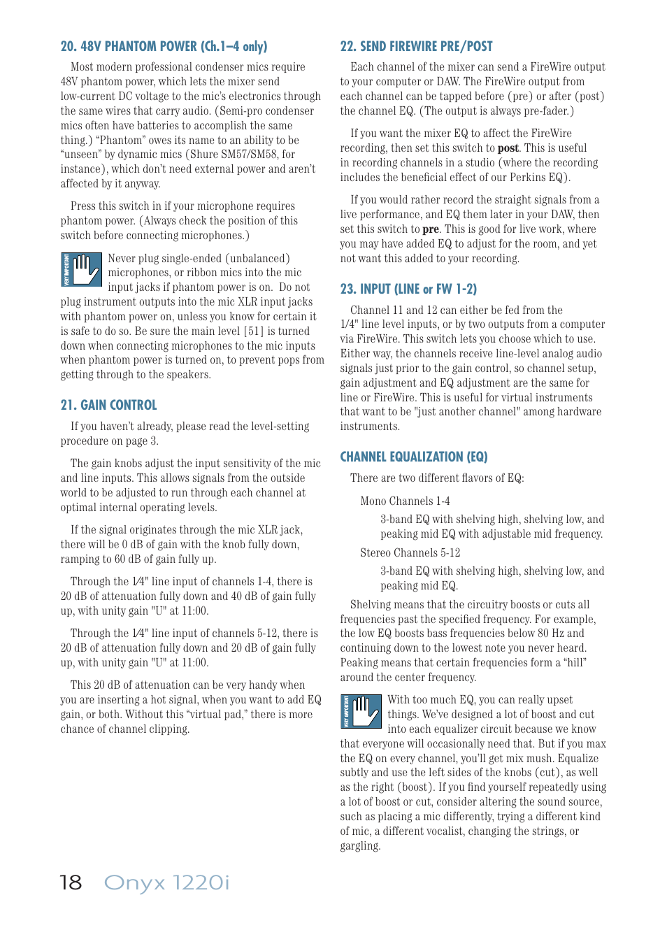 48v phantom power (ch. 1-4 only), Gain control, Send firewire pre/post | Input (line or fw 1-2) | MACKIE ONYX 1220I User Manual | Page 18 / 41