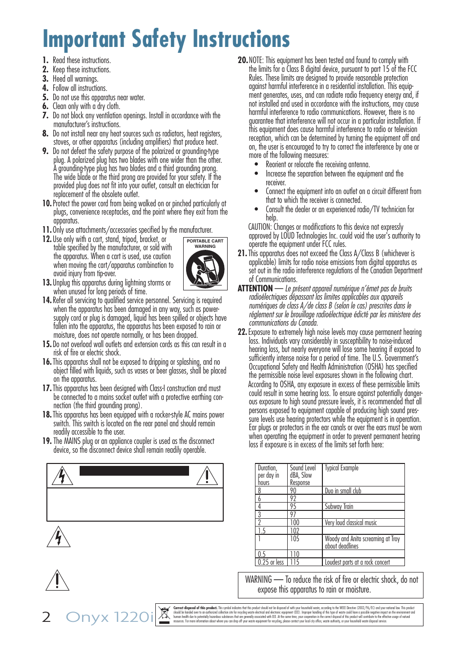 Important safety instructions | MACKIE ONYX 1220I User Manual | Page 2 / 41