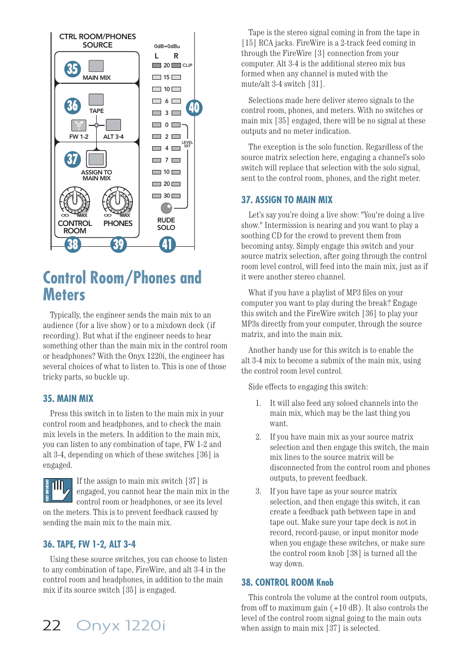 Control room/phones and meters, Main mix, Tape, fw 1-2, alt 3-4 | Assign to main mix, Control room knob | MACKIE ONYX 1220I User Manual | Page 22 / 41