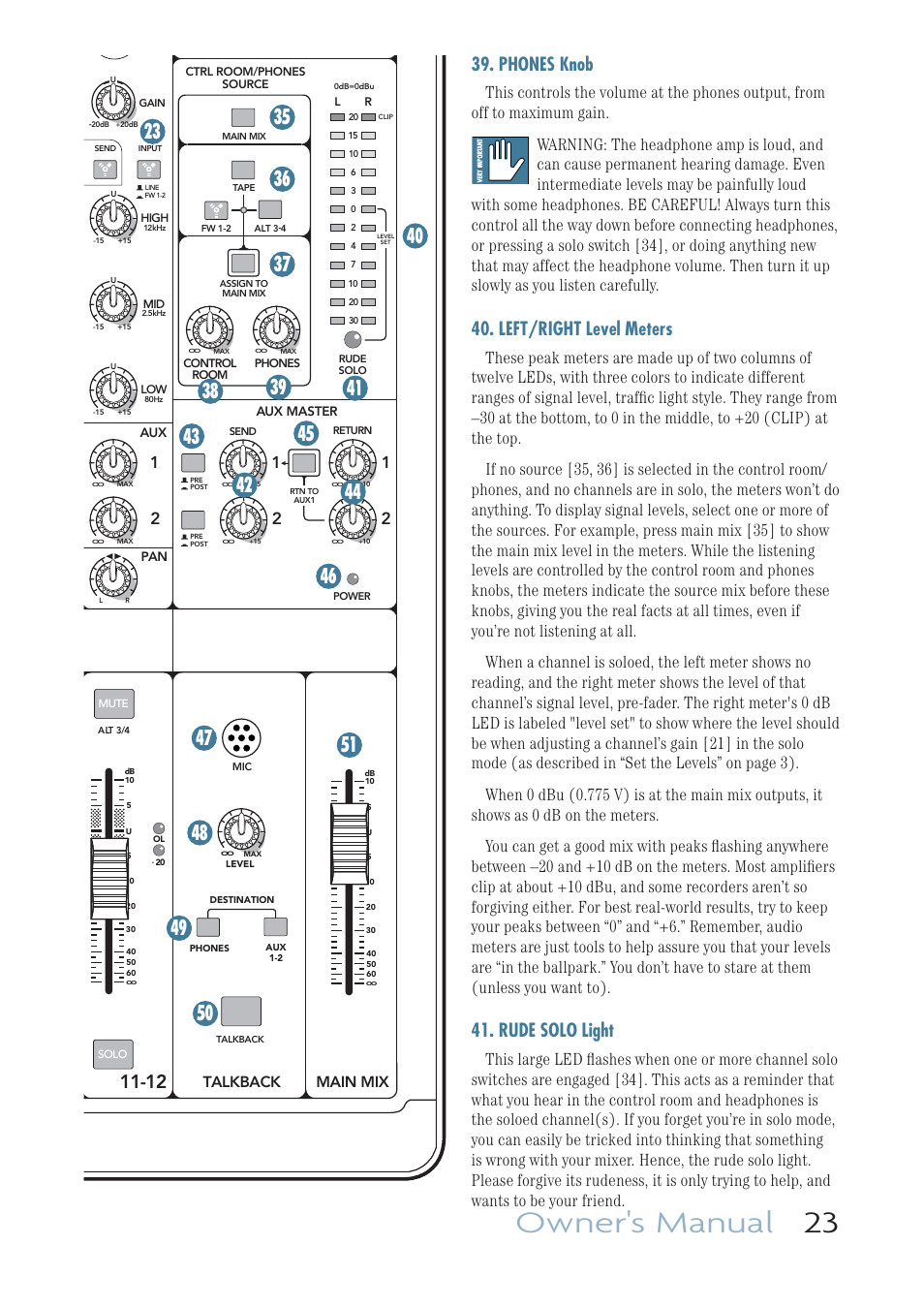 Phones knob, Left/right level meters, Rude solo light | Owner's manual 23, Main mix talkback | MACKIE ONYX 1220I User Manual | Page 23 / 41