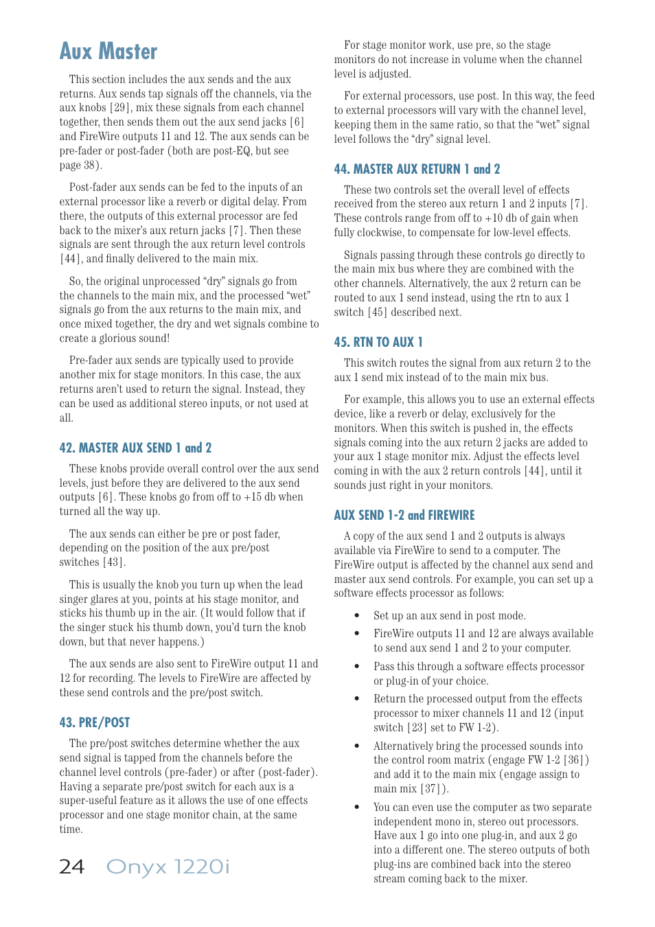 Aux master, Master aux send 1 and 2, Pre/post | Master aux return 1 and 2, Rtn to aux 1, Aux send 1-2 and firewire | MACKIE ONYX 1220I User Manual | Page 24 / 41