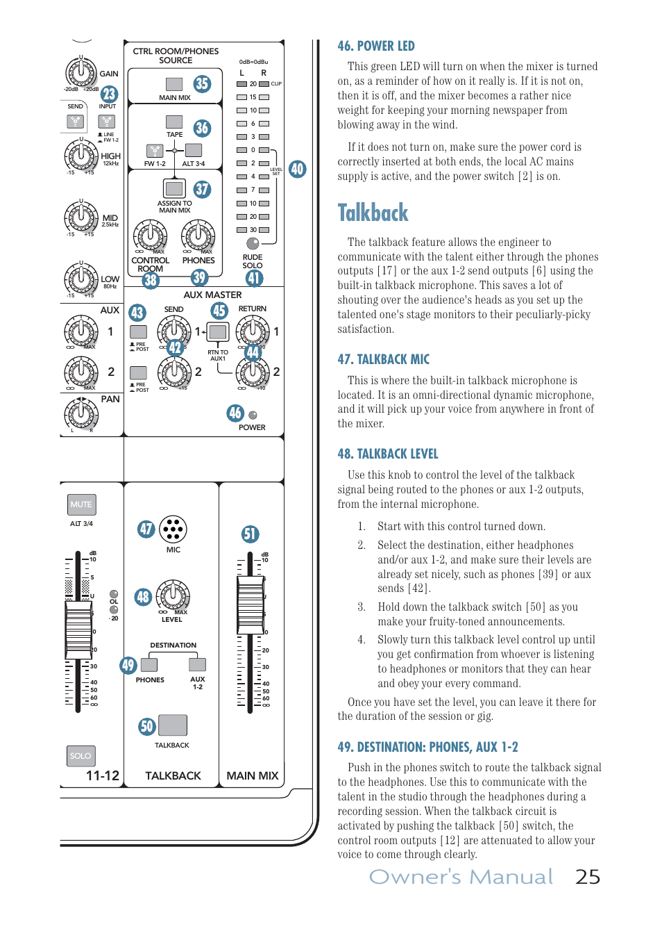 Power led, Talkback, Talkback mic | Talkback level, Destination: phones, aux 1-2, Owner's manual 25, Main mix talkback | MACKIE ONYX 1220I User Manual | Page 25 / 41