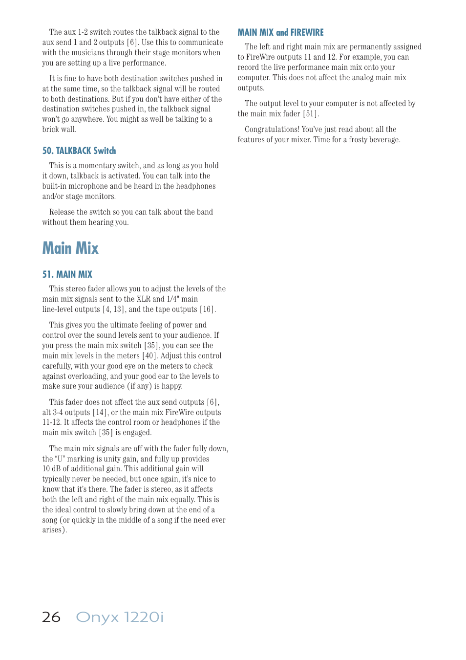 Talkback switch, Main mix, Main mix and firewire | MACKIE ONYX 1220I User Manual | Page 26 / 41