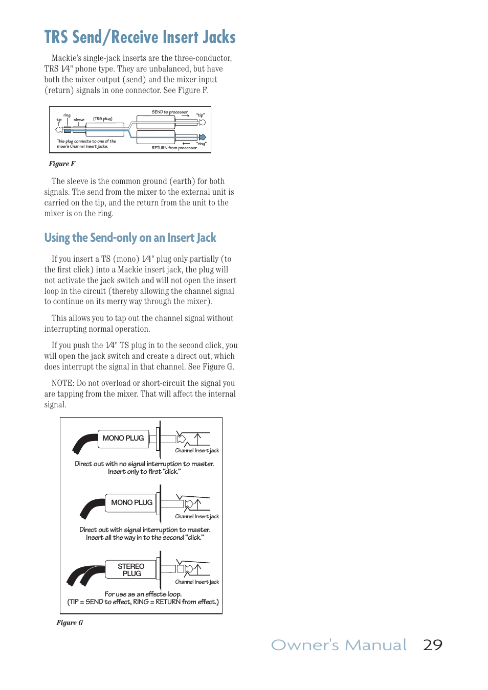 Trs send/receive insert jacks, Owner's manual 29, Using the send-only on an insert jack | MACKIE ONYX 1220I User Manual | Page 29 / 41