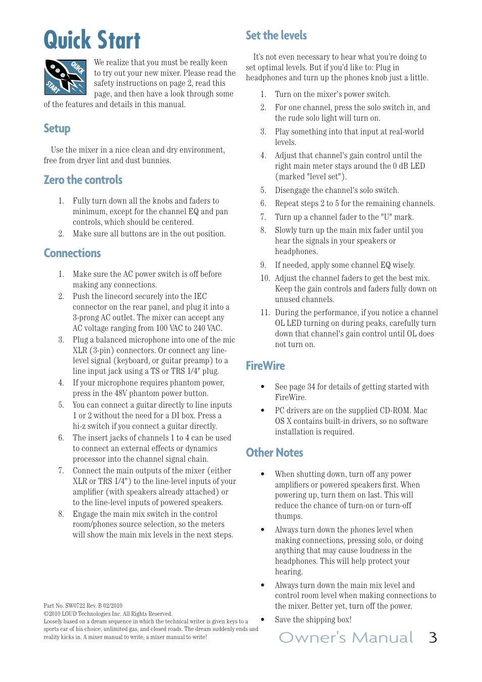 Quick start, Owner's manual 3, Set the levels | Firewire, Setup, Zero the controls, Connections | MACKIE ONYX 1220I User Manual | Page 3 / 41