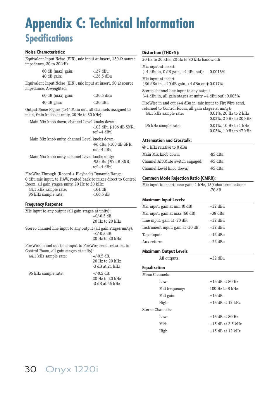 Appendix c: technical information, Specifi cations | MACKIE ONYX 1220I User Manual | Page 30 / 41