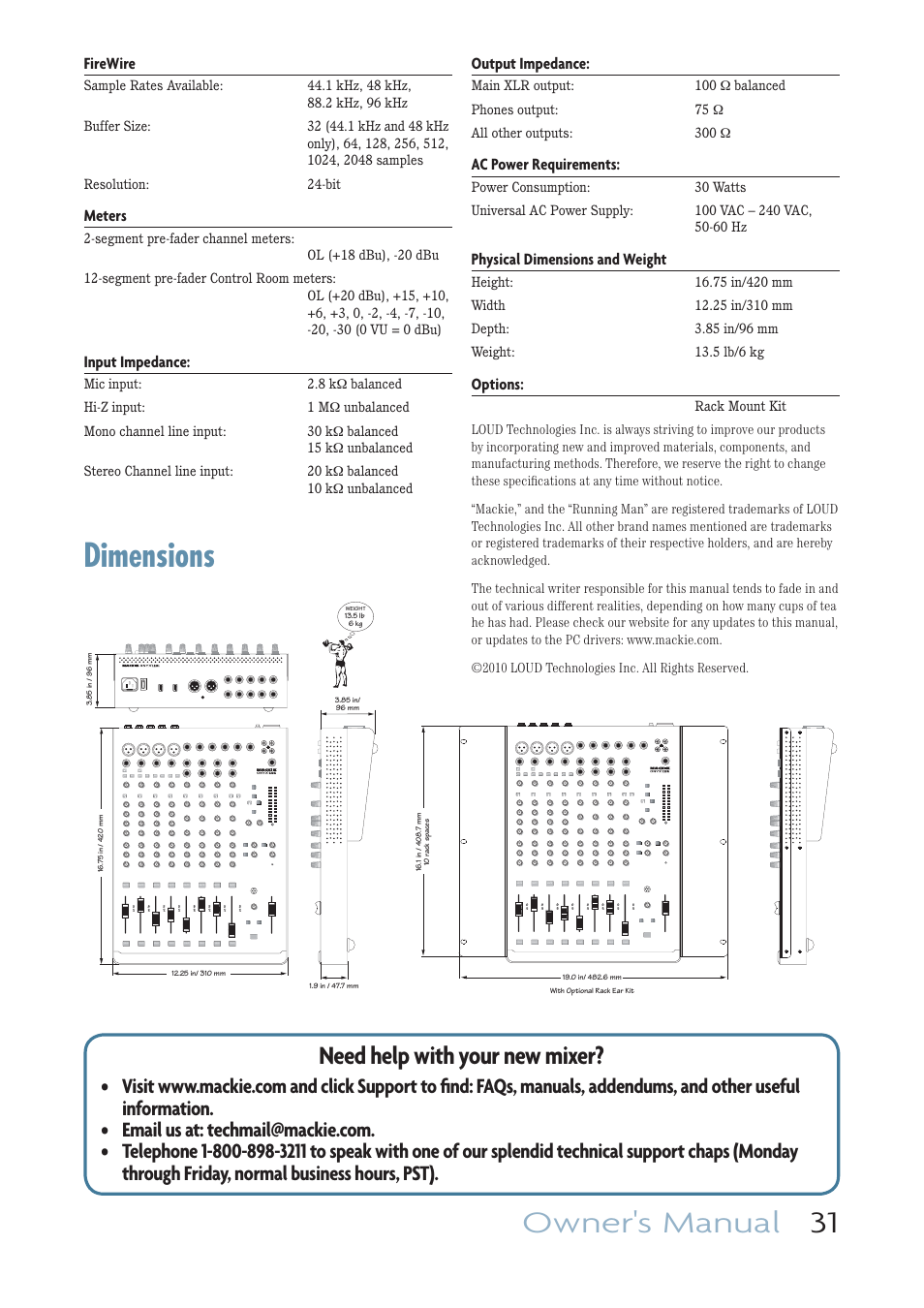 Dimensions, Owner's manual 31, Need help with your new mixer | MACKIE ONYX 1220I User Manual | Page 31 / 41