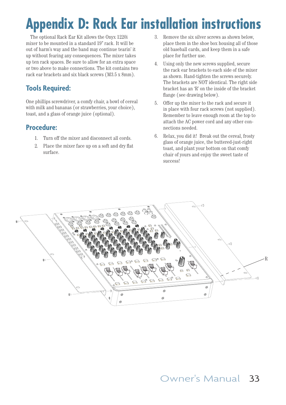 Appendix d: rack ear installation instructions, Owner's manual 33, Tools required | Procedure | MACKIE ONYX 1220I User Manual | Page 33 / 41