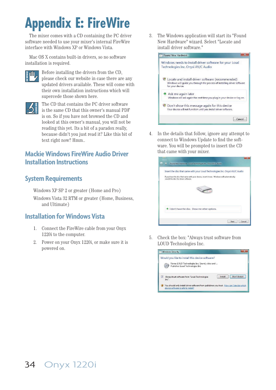 Appendix e: firewire, Installation for windows vista | MACKIE ONYX 1220I User Manual | Page 34 / 41