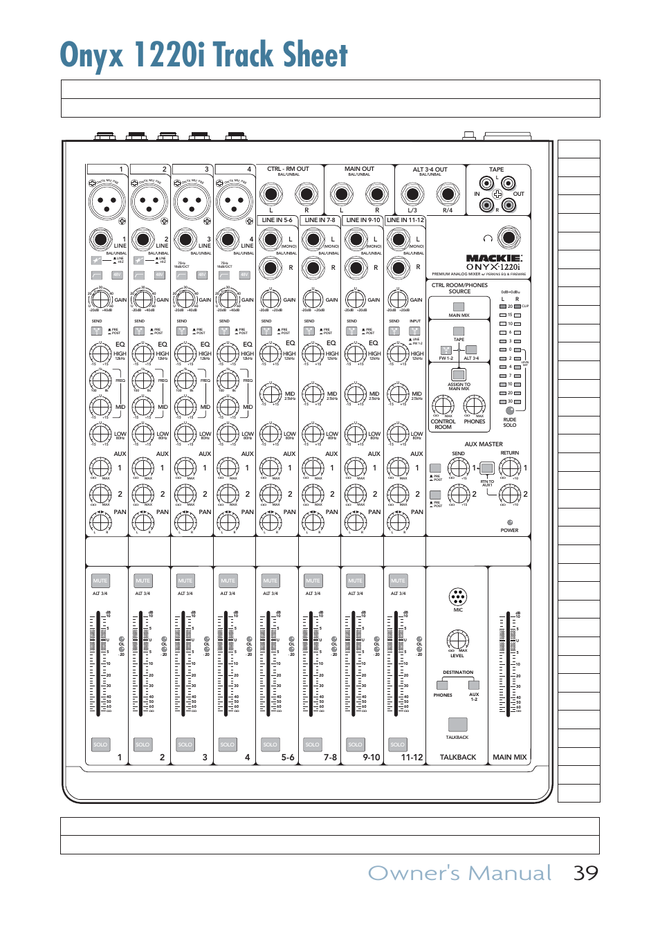 Track sheet, Onyx 1220i track sheet, Owner's manual 39 | Main mix talkback | MACKIE ONYX 1220I User Manual | Page 39 / 41