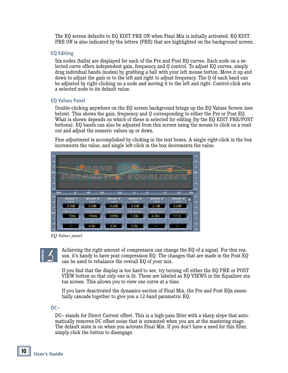 Eq editing, Eq values panel, Eq editing eq values panel dc | MACKIE FinalMix VST User Manual | Page 10 / 26