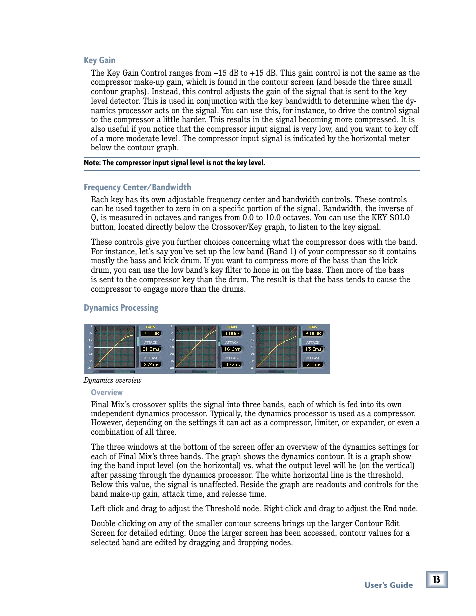 Key gain, Frequency center/bandwidth, Dynamics processing | MACKIE FinalMix VST User Manual | Page 13 / 26
