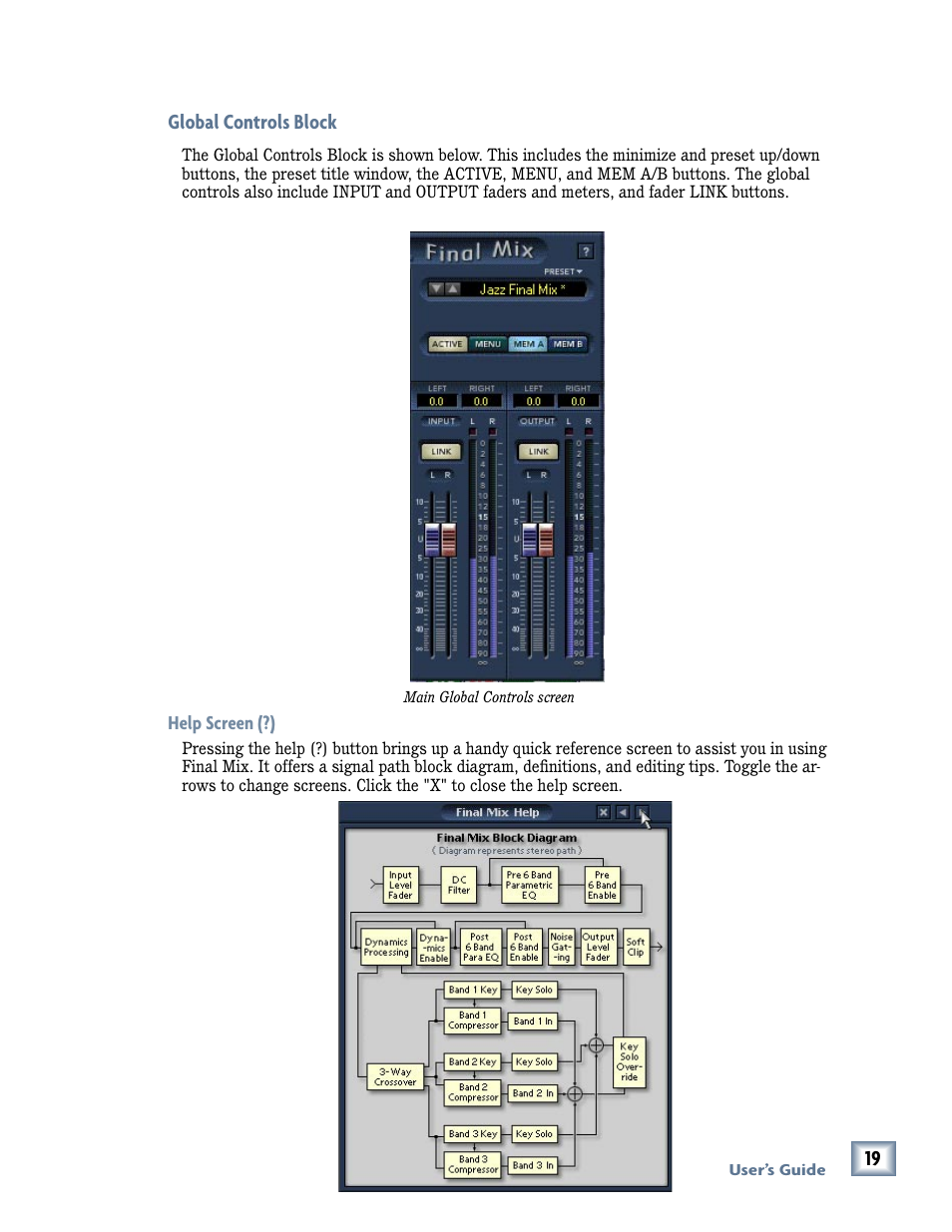 Global controls block, Help screen (?), 19 global controls block | MACKIE FinalMix VST User Manual | Page 19 / 26