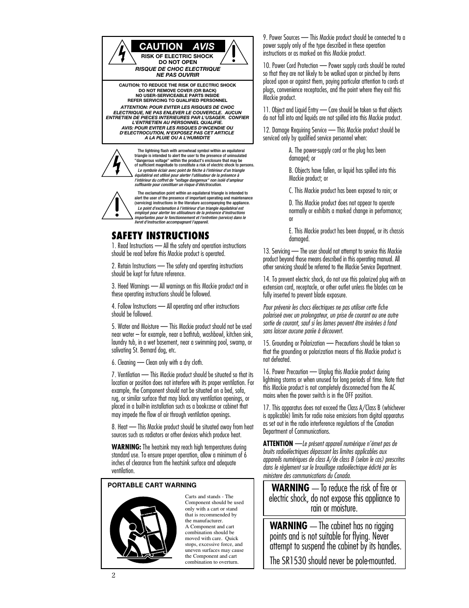 Safety instructions, Warning, Caution avis | MACKIE SR1530 User Manual | Page 2 / 12