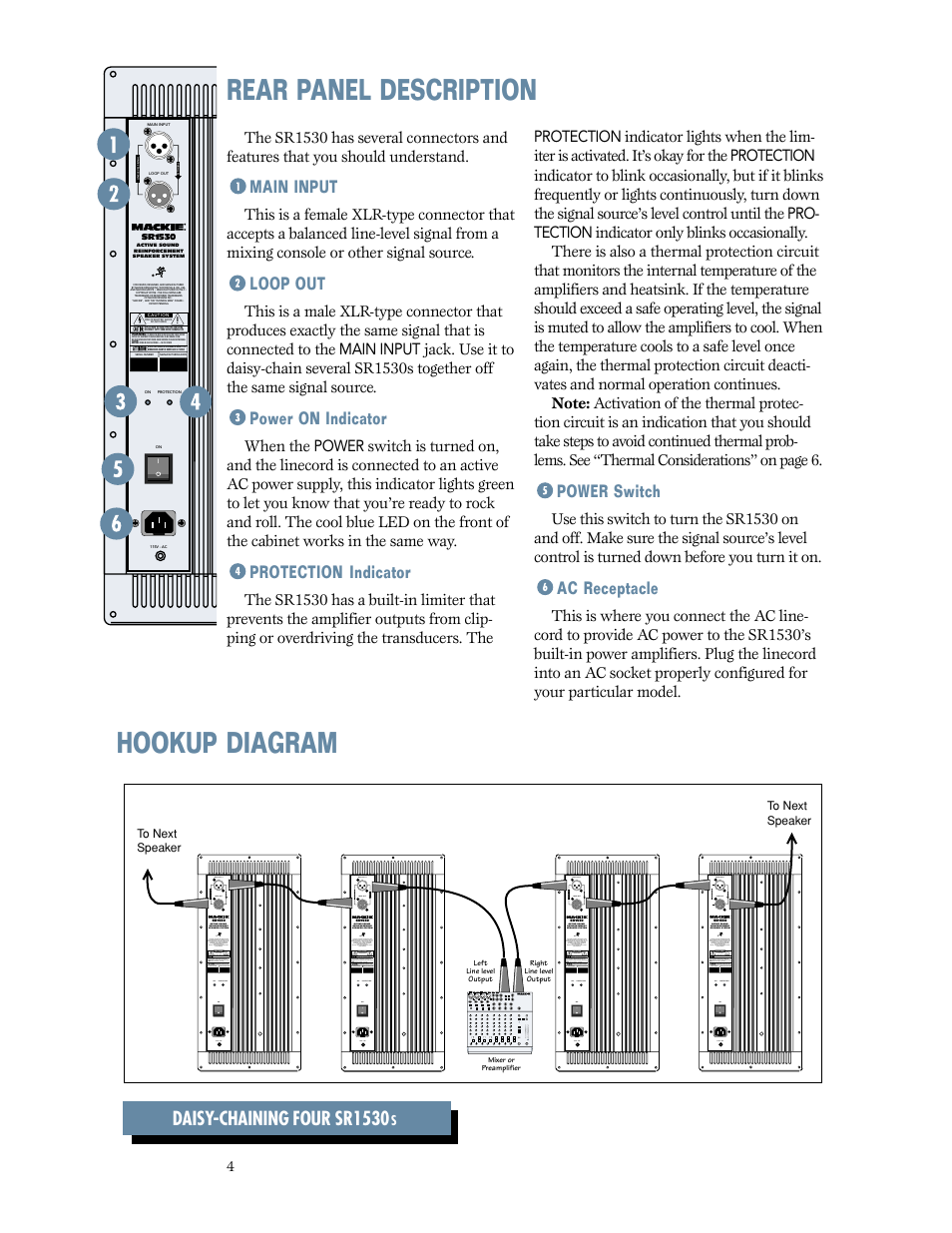 Rear panel description, Hookup diagram, Daisy-chaining four sr1530 | Main input, Loop out, Power on indicator, Protection indicator, Power switch, Ac receptacle | MACKIE SR1530 User Manual | Page 4 / 12