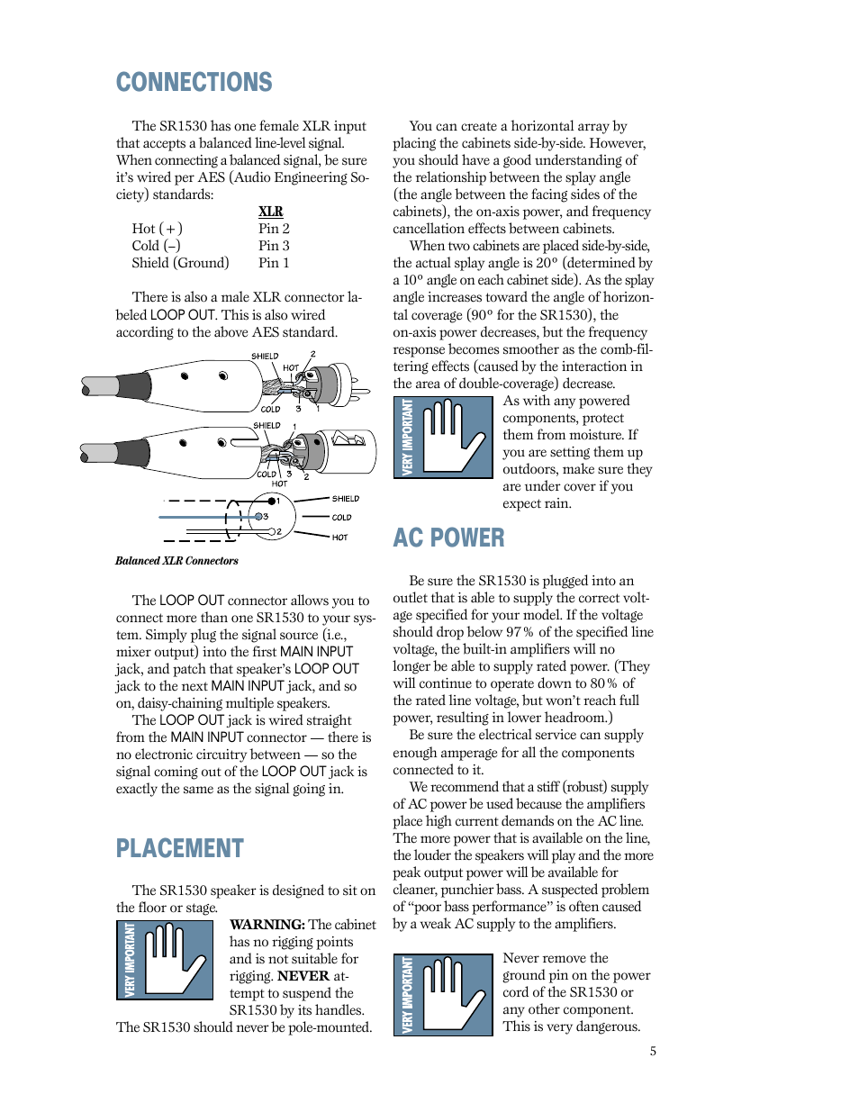 Connections, Placement, Ac power | Connections placement | MACKIE SR1530 User Manual | Page 5 / 12