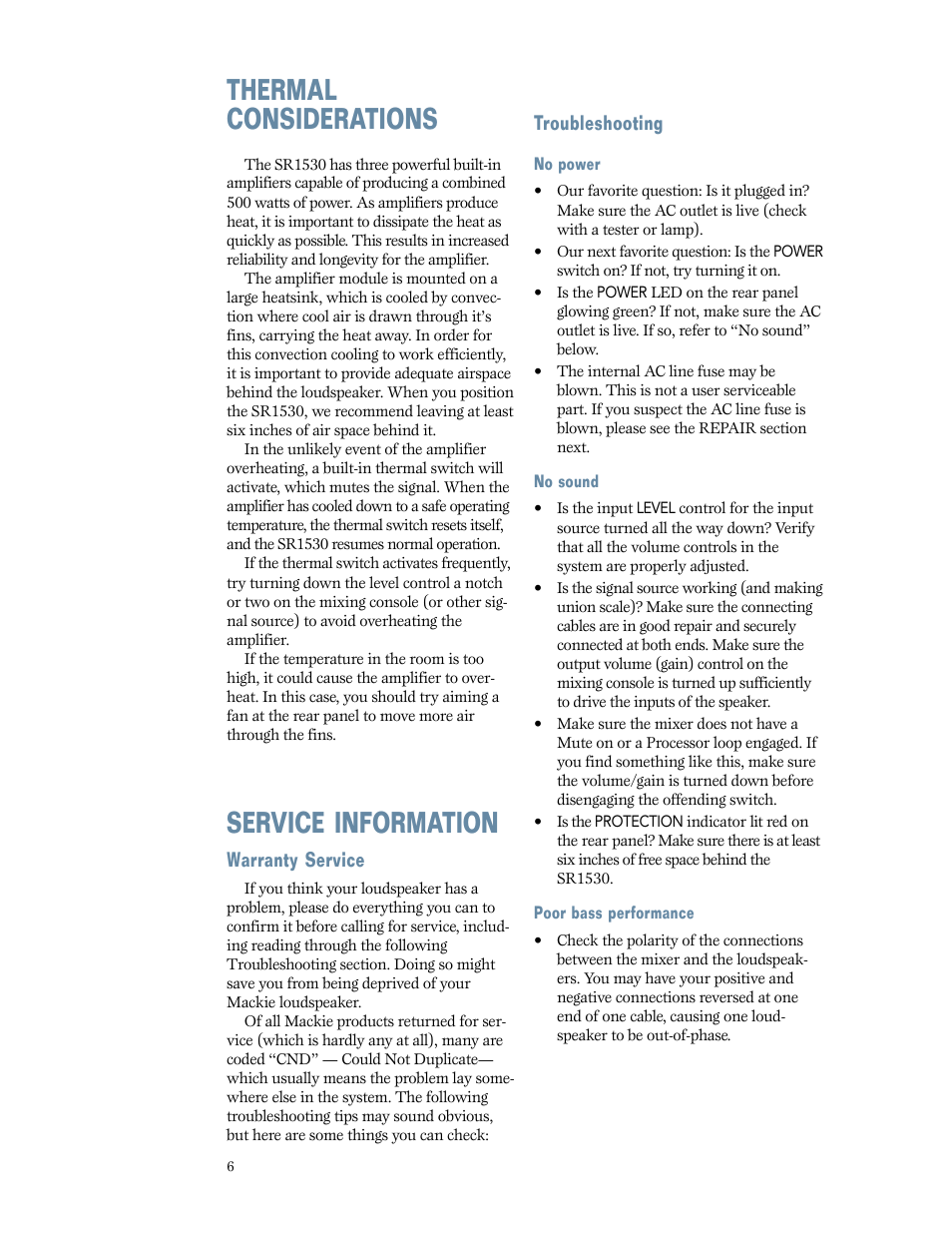 Thermal considerations, Service information, Warranty service | Troubleshooting | MACKIE SR1530 User Manual | Page 6 / 12