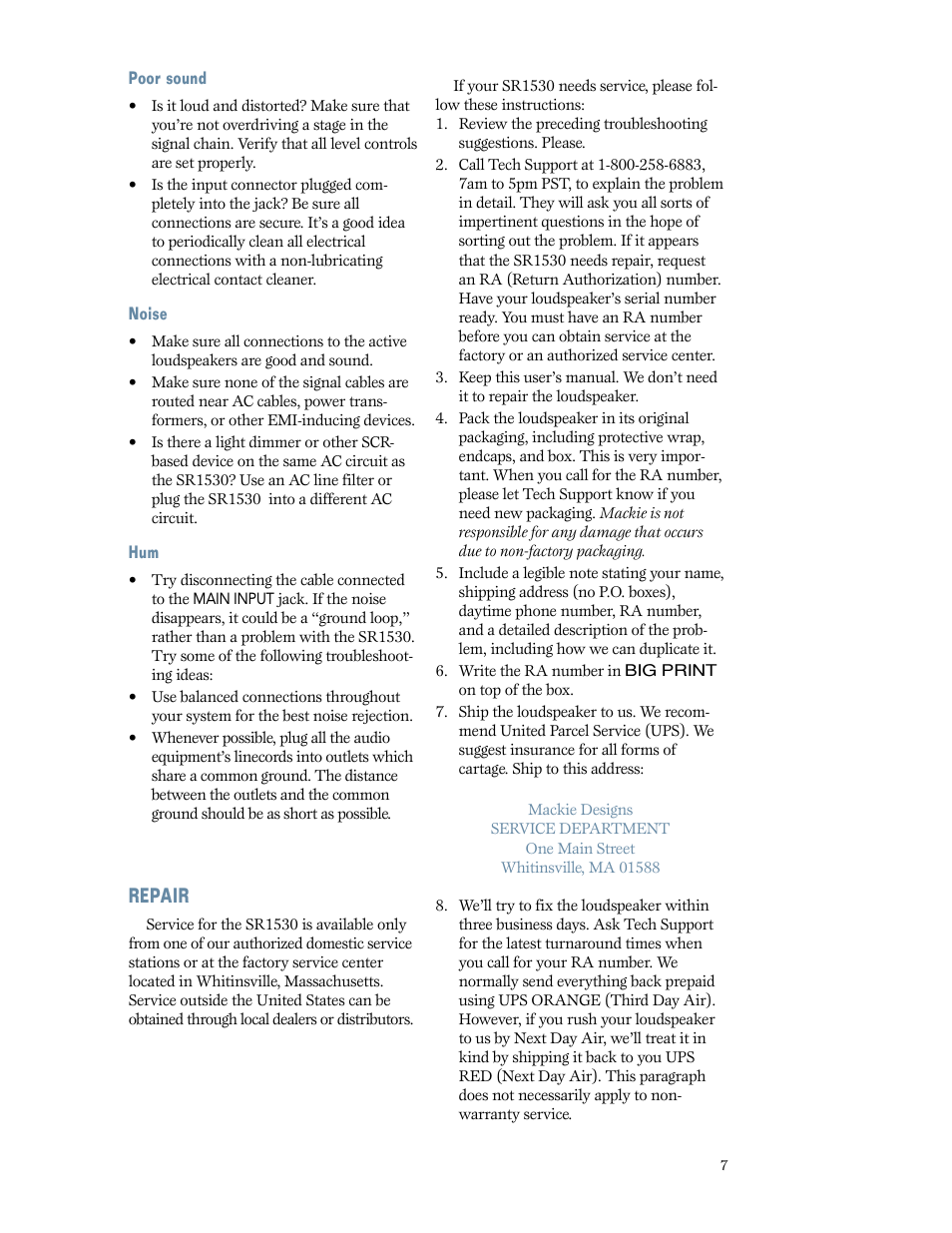 Repair | MACKIE SR1530 User Manual | Page 7 / 12