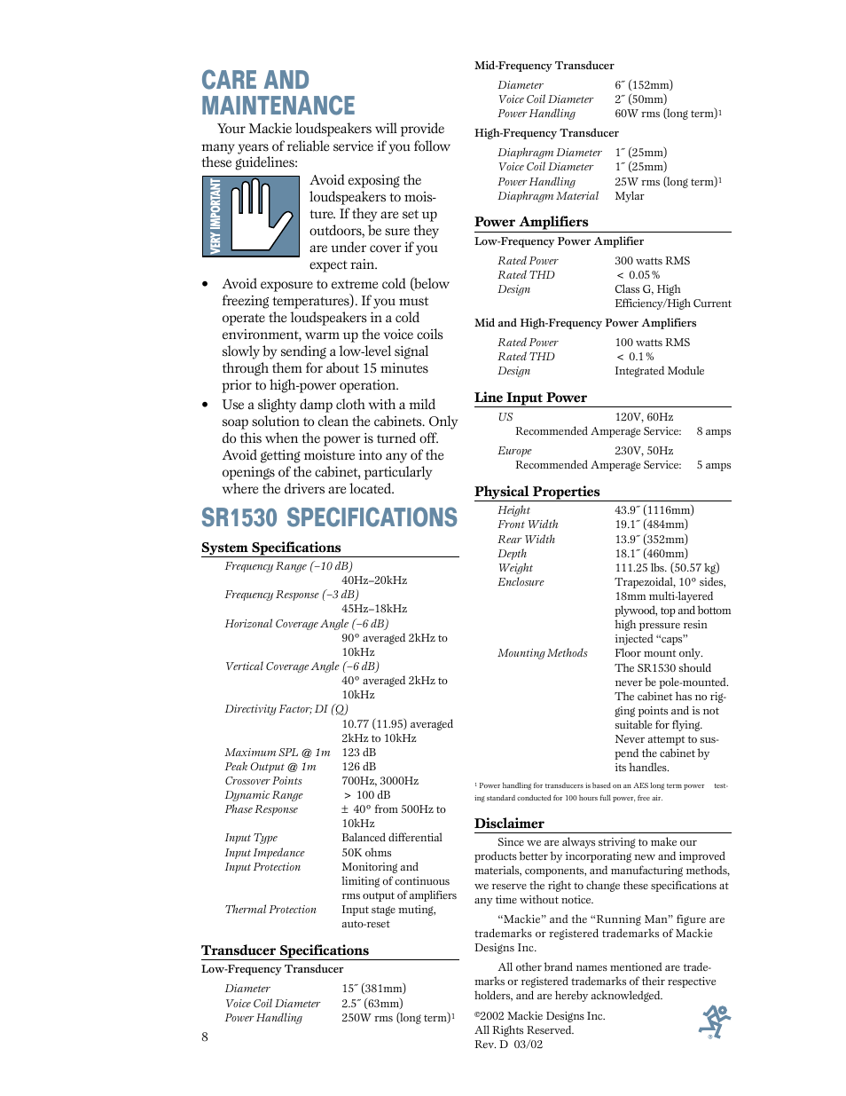 Care and maintenance, Sr1530 specifications | MACKIE SR1530 User Manual | Page 8 / 12