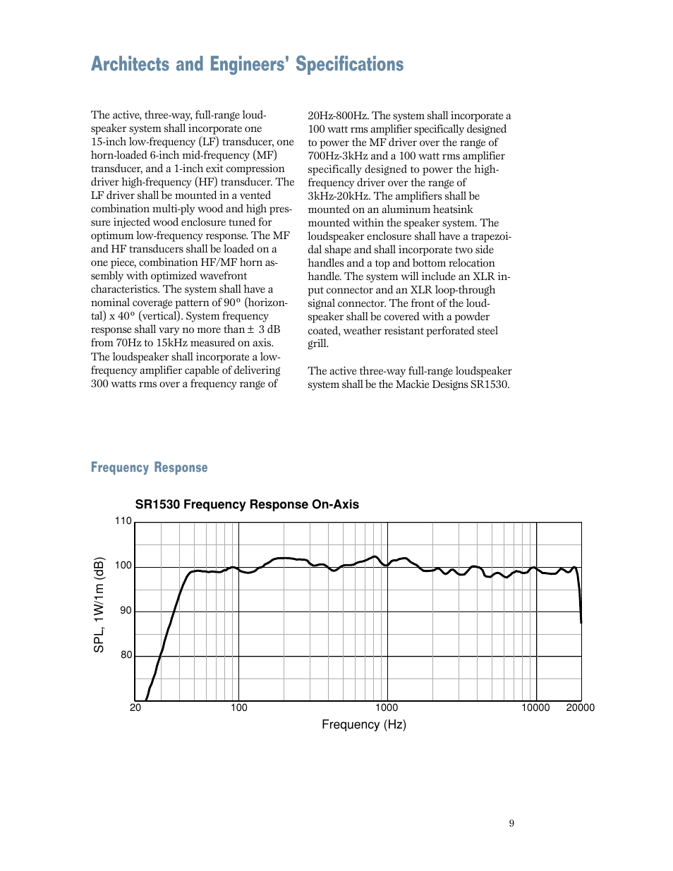 Architects and engineers' specifications, Architects and engineers’ specifications, Frequency response | MACKIE SR1530 User Manual | Page 9 / 12