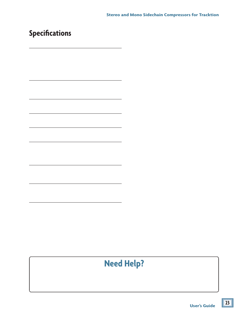 Need help, Speciﬁ cations | MACKIE Stereo and Mono Side chain Compressor User Manual | Page 23 / 28