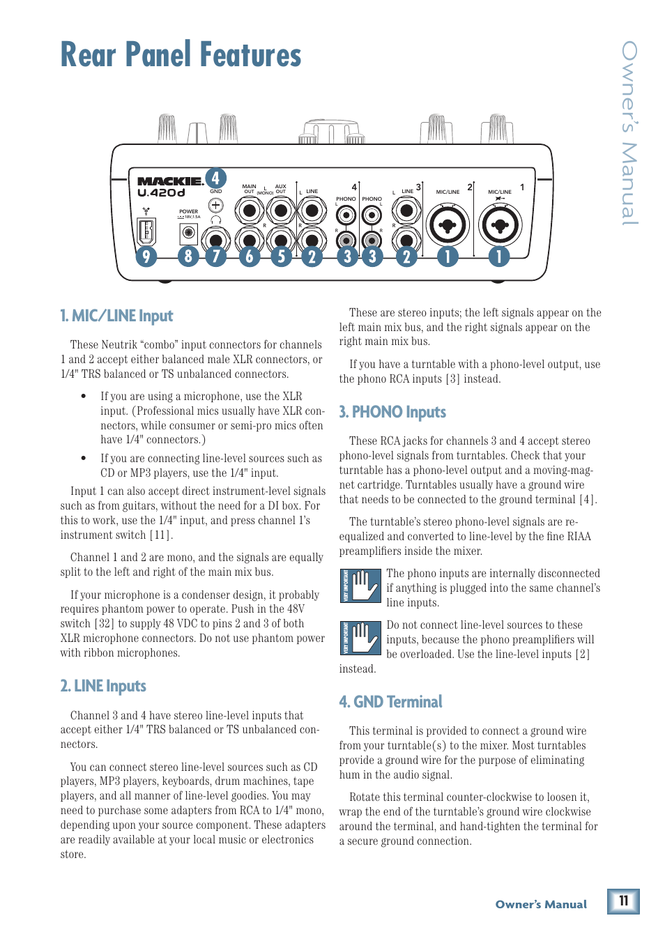 Rear panel features, Owner’ s manual, Mic/line input | Line inputs, Phono inputs, Gnd terminal | MACKIE U.40d User Manual | Page 11 / 32
