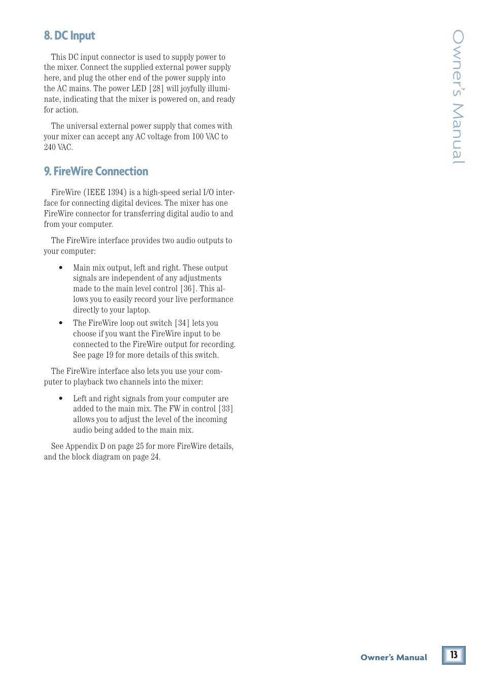 Owner’ s manual, Dc input, Firewire connection | MACKIE U.40d User Manual | Page 13 / 32