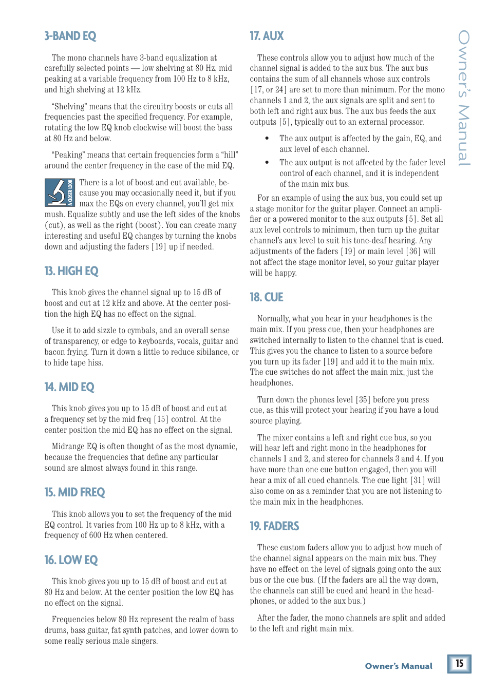 Owner’ s manual, Band eq, High eq | Mid eq, Mid freq, Low eq, Faders | MACKIE U.40d User Manual | Page 15 / 32