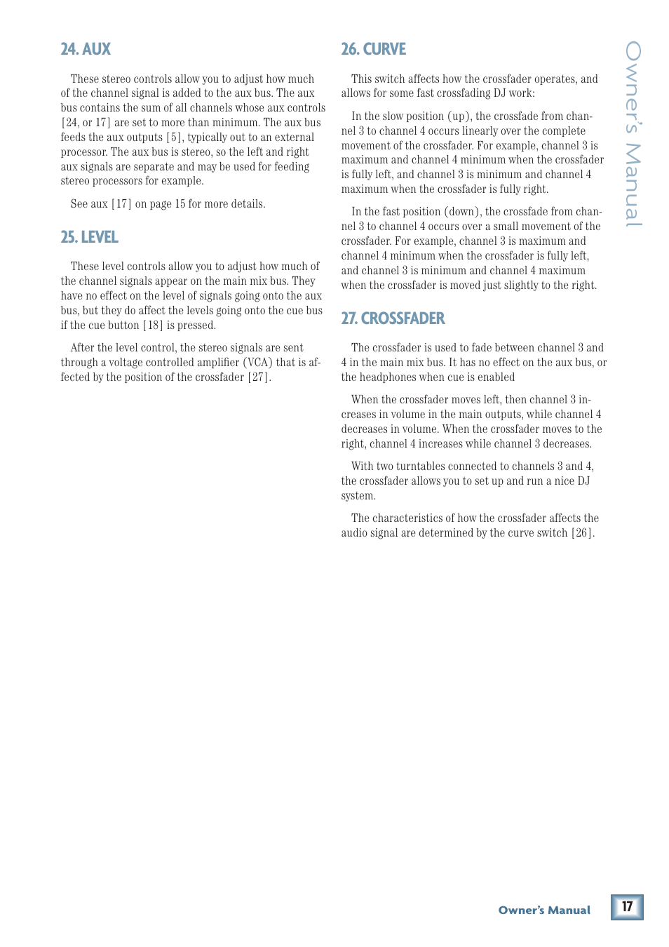 Owner’ s manual, Level, Curve | Crossfader | MACKIE U.40d User Manual | Page 17 / 32