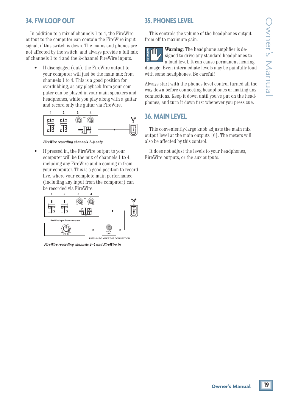 Owner’ s manual, Fw loop out, Phones level | Main level, Owner’s manual, Firewire recording channels 1–4 and firewire in, Firewire recording channels 1–4 only | MACKIE U.40d User Manual | Page 19 / 32