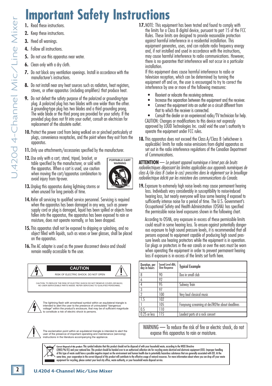 Important safety instructions, U. 4 20d 4-channel mic/line mix er | MACKIE U.40d User Manual | Page 2 / 32