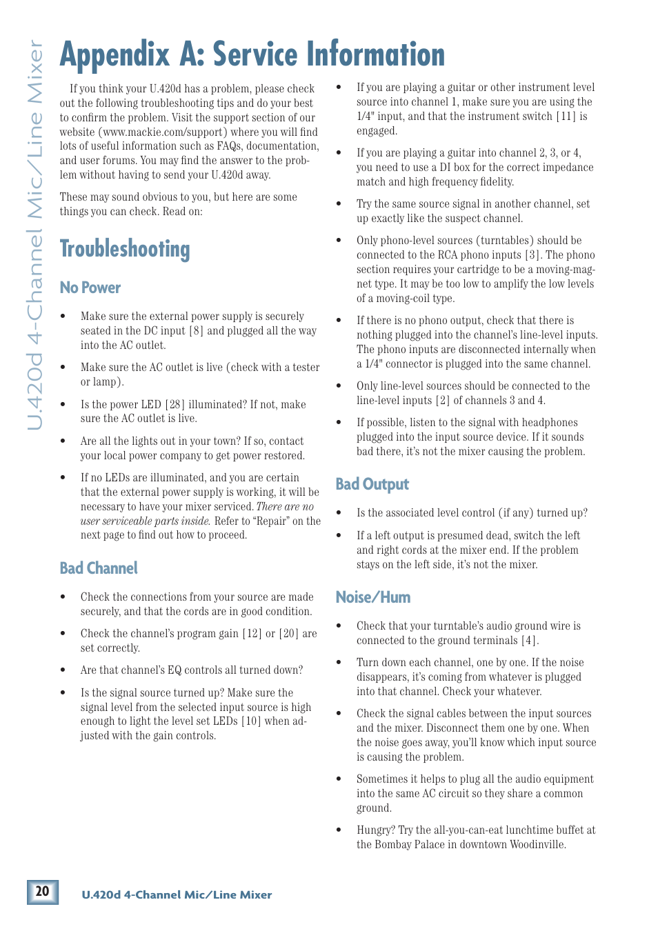 Appendix a: service information, Troubleshooting, U. 4 20d 4-channel mic/line mix er | No power, Bad channel, Bad output, Noise/hum | MACKIE U.40d User Manual | Page 20 / 32