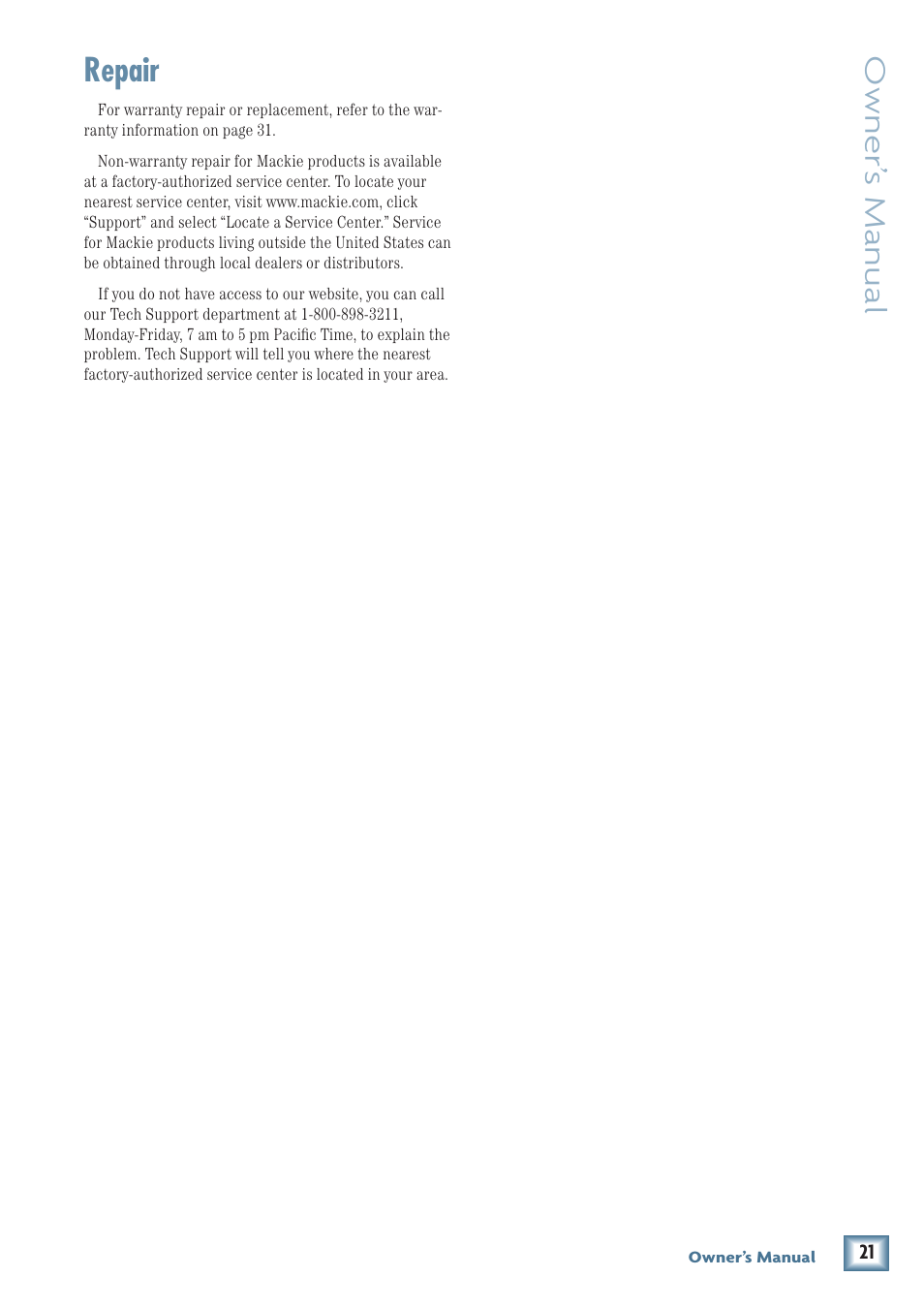 Repair, Owner’ s manual | MACKIE U.40d User Manual | Page 21 / 32