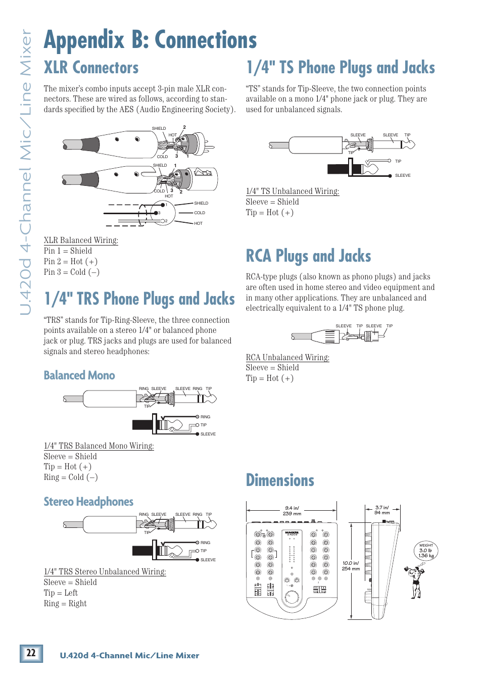 Appendix b: connections, Xlr connectors, 1/4" trs phone plugs and jacks | 1/4" ts phone plugs and jacks, Rca plugs and jacks, Dimensions, U. 4 20d 4-channel mic/line mix er, Balanced mono, Stereo headphones, U.420d 4-channel mic/line mixer | MACKIE U.40d User Manual | Page 22 / 32
