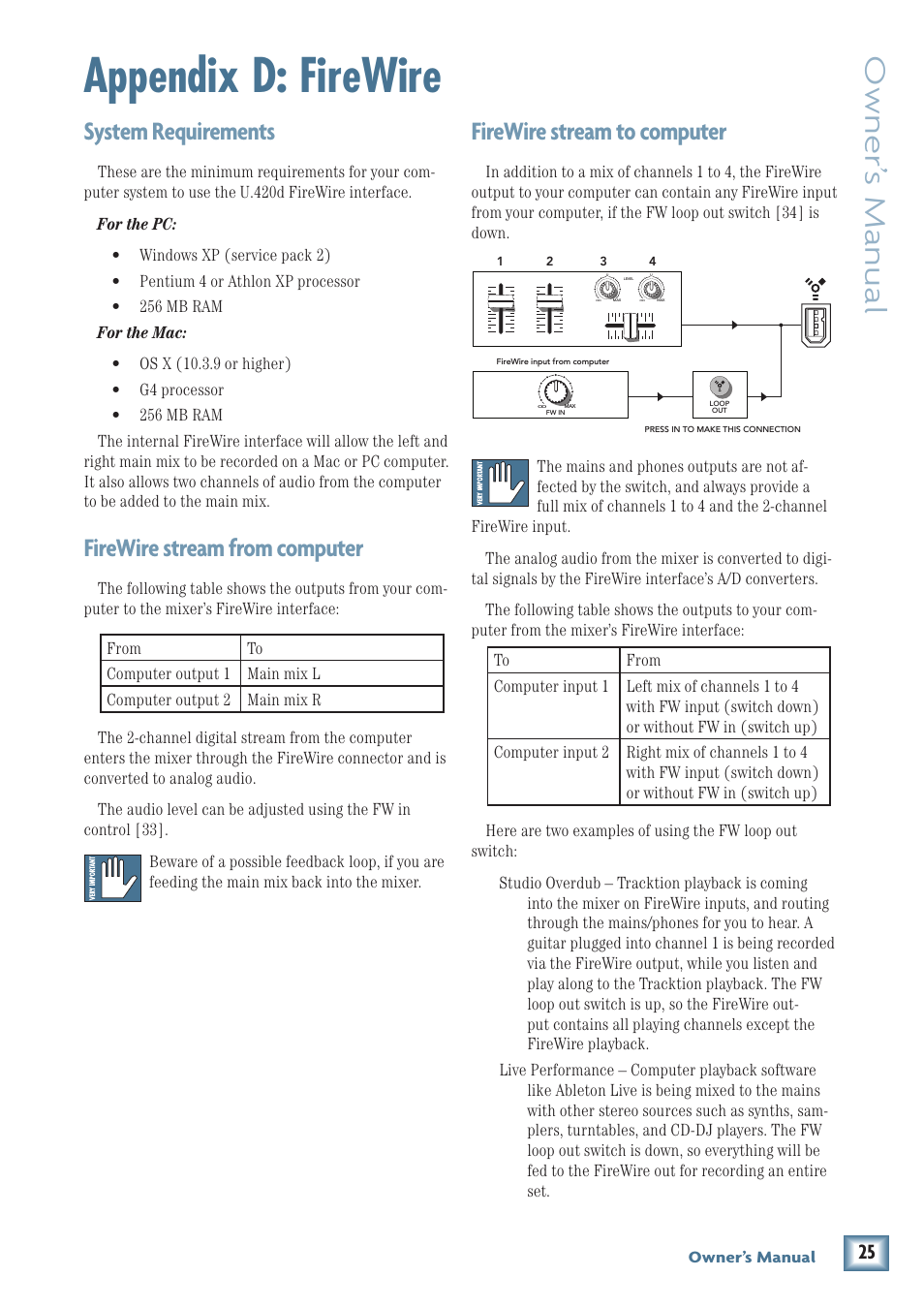 Appendix d: firewire, Owner’ s manual, System requirements | Firewire stream from computer, Firewire stream to computer, Owner’s manual | MACKIE U.40d User Manual | Page 25 / 32