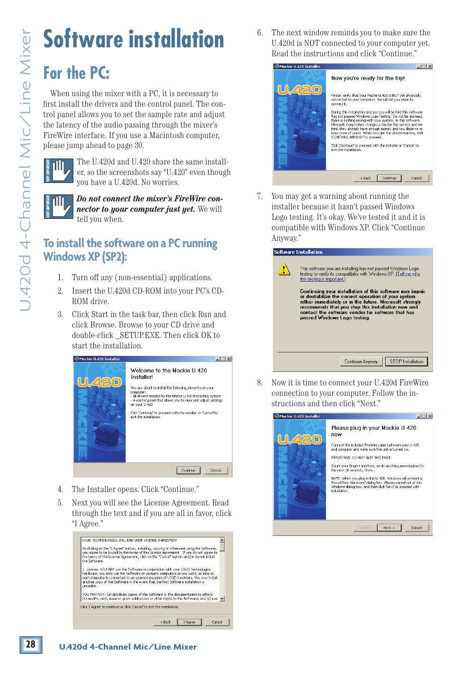 Software installation, For the pc, U. 4 20d 4-channel mic/line mix er | MACKIE U.40d User Manual | Page 28 / 32