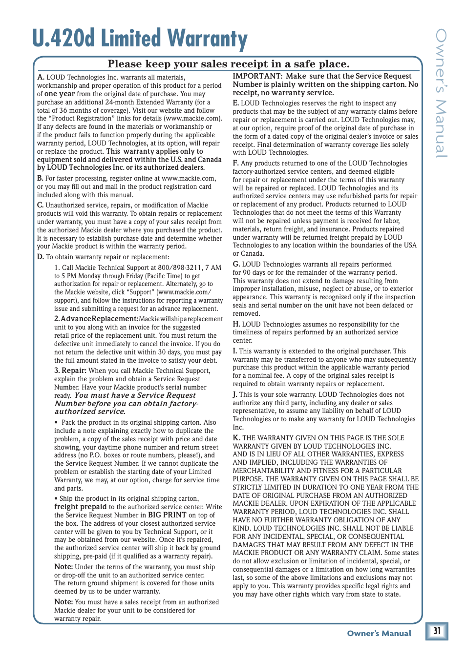U.420d limited warranty, Owner’ s manual, Please keep your sales receipt in a safe place | MACKIE U.40d User Manual | Page 31 / 32