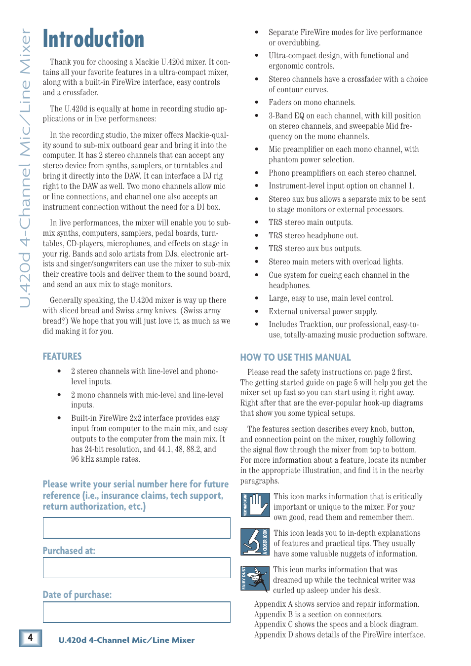 Introduction, U. 4 20d 4-channel mic/line mix er | MACKIE U.40d User Manual | Page 4 / 32