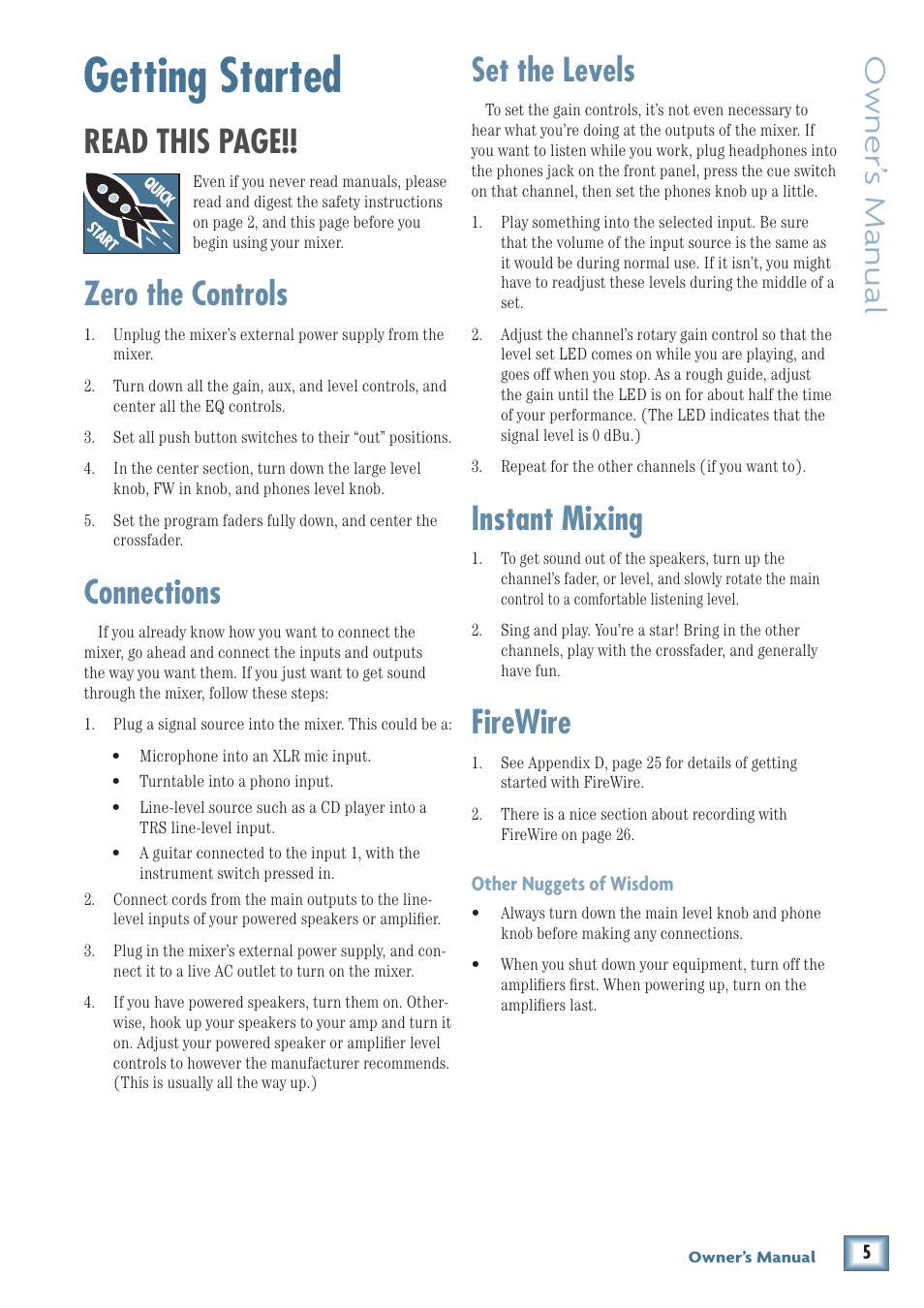 Getting started, Read this page, Zero the controls | Connections, Set the levels, Instant mixing, Firewire, Owner’ s manual | MACKIE U.40d User Manual | Page 5 / 32