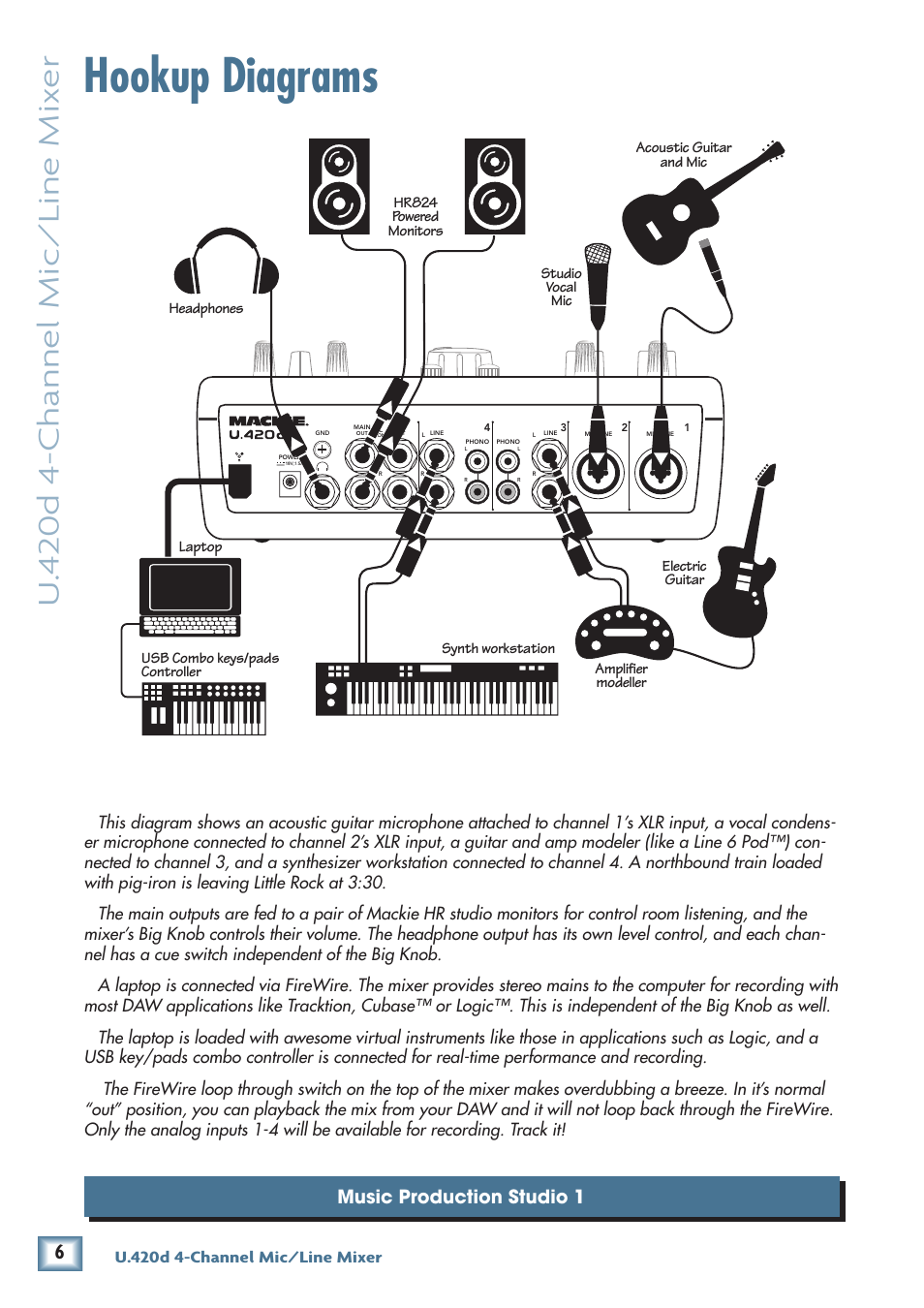 Hookup diagrams, U. 4 20d 4-channel mic/line mix er, Music production studio 1 | MACKIE U.40d User Manual | Page 6 / 32
