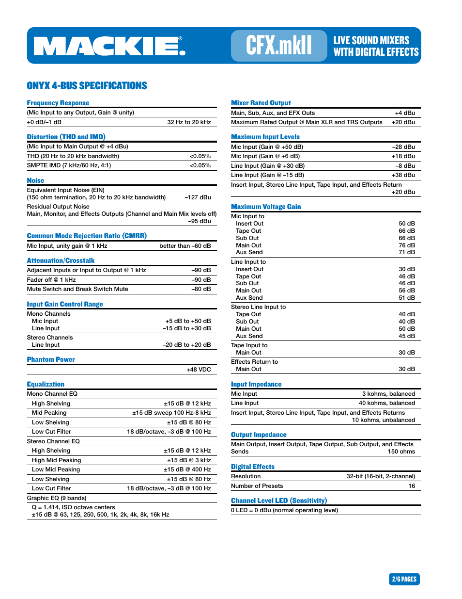 Cfx.mkii, Live sound mixers with digital effects, Onyx 4-bus specifications | MACKIE CFX.MKII User Manual | Page 2 / 6