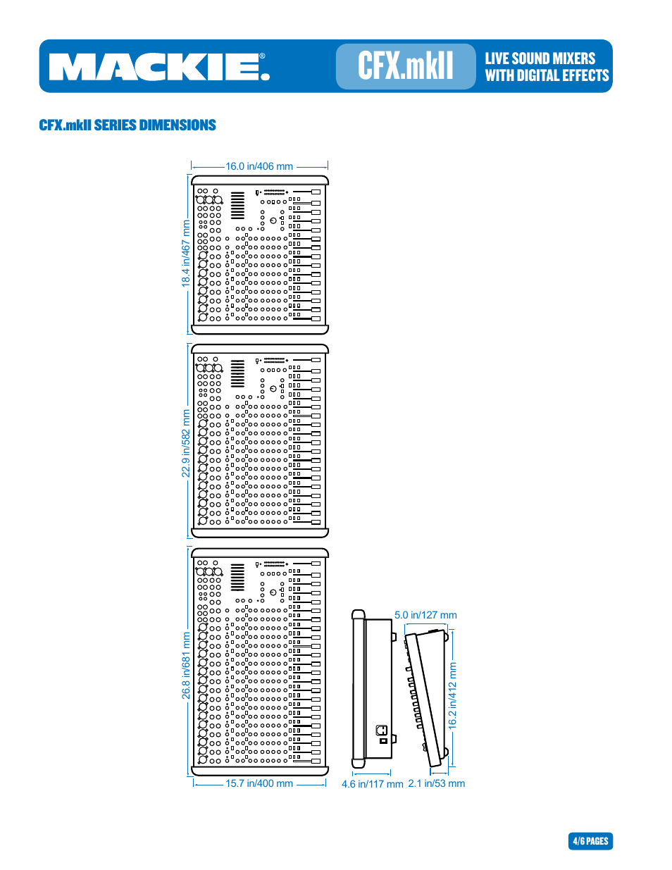 Cfx.mkii, Live sound mixers with digital effects, Cfx.mkii series dimensions | MACKIE CFX.MKII User Manual | Page 4 / 6